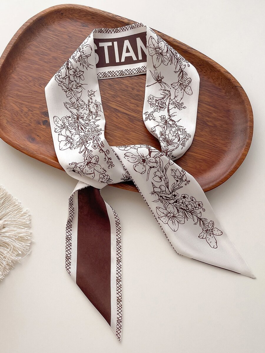 1pc Women's Spring/Summer Faux Silk Floral Print Decorative Scarf, 100cm X 6cm, Fashion Versatile Ribbon Suitable For Daily Decoration,Beach,Holiday,Accessories,Travel Essential - Multicolor - View 1