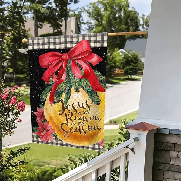 1 pieza Navidad casa Bandera de arpillera doble faz , campana rojo lazo casa Bandera invierno día festivo navidad exterior Decoración