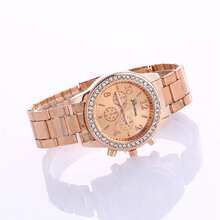 1件装女士石英腕表，仿三眼圆形合金表壳，钢表带，时尚水钻，夜光指针，适合日常佩戴 - 玫瑰金 - 查看 2