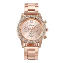 1件装女士石英腕表，仿三眼圆形合金表壳，钢表带，时尚水钻，夜光指针，适合日常佩戴 - 玫瑰金 - 查看 5