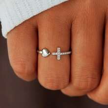 1pc Alloy Cross Heart Shaped Ring With Rhinestone Inlay For Women, Fashionable & Simple - Silver - View 2