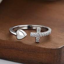 1pc Alloy Cross Heart Shaped Ring With Rhinestone Inlay For Women, Fashionable & Simple - Silver - View 6