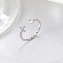 1pc Alloy Cross Heart Shaped Ring With Rhinestone Inlay For Women, Fashionable & Simple - Silver - View 4
