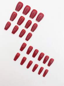 24 Stücke/Set kurze Sarg-förmige rote glänzende Kunstnägel + 1 Stück Gelee-Kleber + 1 Stück Nagelfeile, press-on Nägel, Nagelbedarf