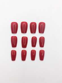 24 Stücke/Set kurze Sarg-förmige rote glänzende Kunstnägel + 1 Stück Gelee-Kleber + 1 Stück Nagelfeile, press-on Nägel, Nagelbedarf