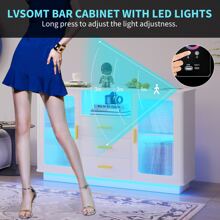 Vlsrka Sideboard Buffet Storage Cabinet With LED Lights & Wireless Charging Station, Modern Kitchen Bar Cabinet, High Gloss Wood Accent Cabinet, Console Table For Living Room - 白色 - 查看 7
