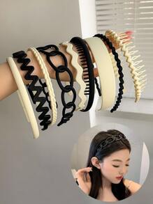 9pcs/Set Ladies' Matte Beige Plastic Headbands,Hairband,Hair Hoop,Hair Accessories - Beige - View 7