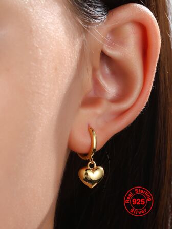 1pair S925 Pure Silver Gold-Plated Heart Earrings, Fashionable Simple Luxury Women's Jewelry Gift Valentines