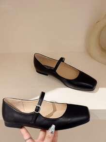 女士玛丽珍鞋，复古方头平底鞋，仙女风，大码，欧码 41-43 - 黑色 - 查看 3