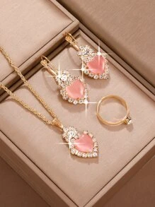 Conjunto De 4 Piezas Para Mujer Con Anillo, Colgante, Pendientes Y Collar Incrustados Con Pedrería En Forma De Corazón De Color Rosa - Rosa - Ver 1