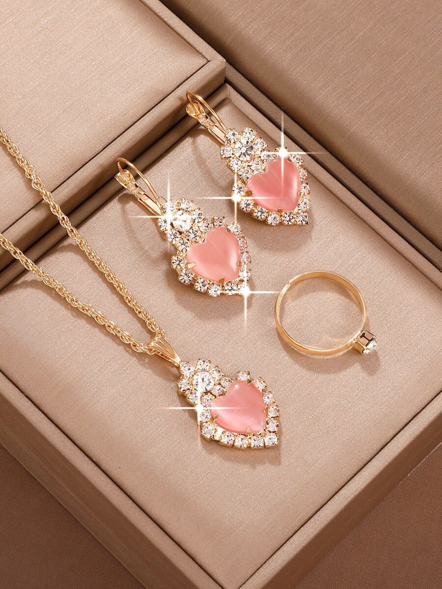 Conjunto De 4 Piezas Para Mujer Con Anillo, Colgante, Pendientes Y Collar Incrustados Con Pedrería En Forma De Corazón De Color Rosa - Rosa - Ver 1