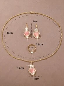 Conjunto De 4 Piezas Para Mujer Con Anillo, Colgante, Pendientes Y Collar Incrustados Con Pedrería En Forma De Corazón De Color Rosa - Rosa - Ver 4