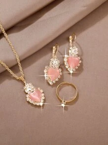 Conjunto De 4 Piezas Para Mujer Con Anillo, Colgante, Pendientes Y Collar Incrustados Con Pedrería En Forma De Corazón De Color Rosa - Rosa - Ver 2
