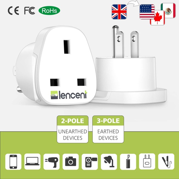 LENCENT UK to US America Plug Adapter, 2 Pack Grounded USA Visitors