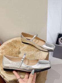 French Style Mary Jane Shoes Women Flat Vintage Square Toe Low Vamp Single Strap Fairy Large Size Shoes Us 9-11 - Silver - View 4