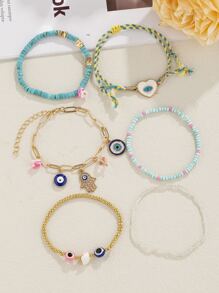 6入組綠松石玻璃珠合金邪惡之眼吊墜手鏈 - 綠松石色 - 查看 2