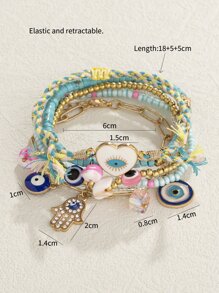 6入組綠松石玻璃珠合金邪惡之眼吊墜手鏈 - 綠松石色 - 查看 3