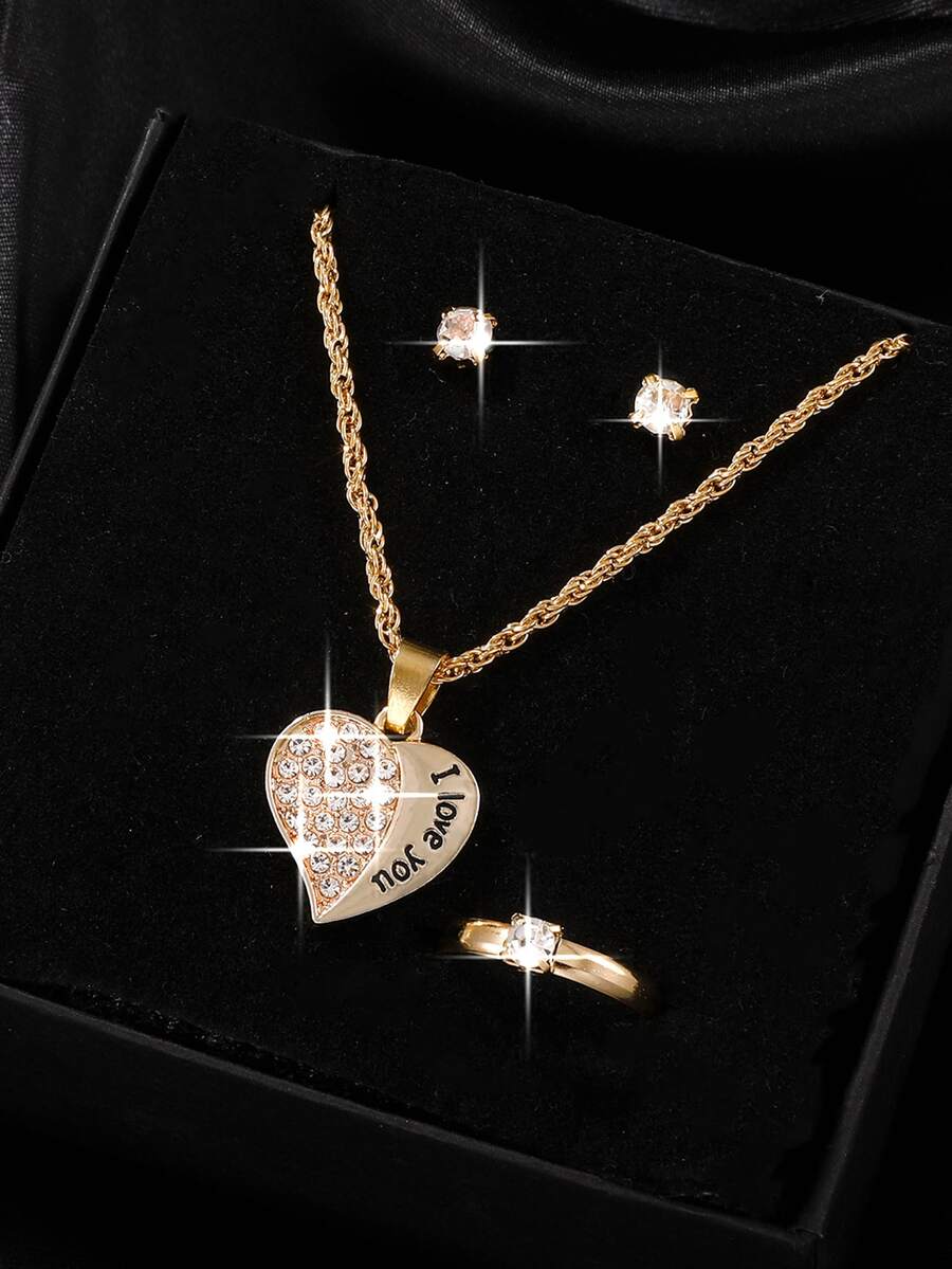 4 Piezas/set Juego De Joyas En Forma De Letra Y Corazón Para Mujeres, Regalo Para Novia - Dorado - Ver 1