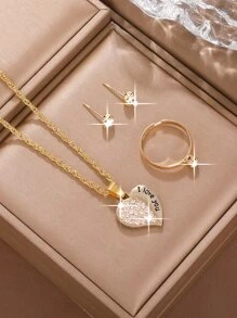 4 Piezas/set Juego De Joyas En Forma De Letra Y Corazón Para Mujeres, Regalo Para Novia - Dorado - Ver 3