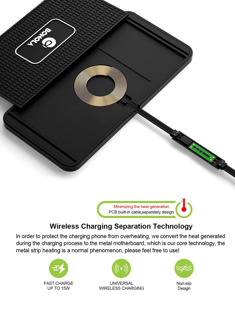 Bonola車用無線充電器矽膠防滑墊高效感應相容iPhone12/13/14/8/X/XR/三星/小米11 15W無線快充 - 黑色 - 查看 2