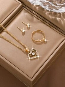 4pcs/set Ladies' Double Heart & Rhinestone Pendant Necklace Set