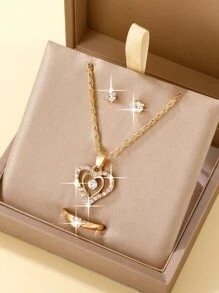 4pcs/set Ladies' Double Heart & Rhinestone Pendant Necklace Set