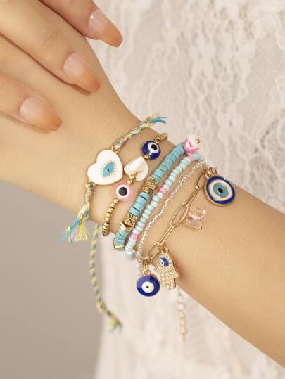 6入組綠松石玻璃珠合金邪惡之眼吊墜手鏈