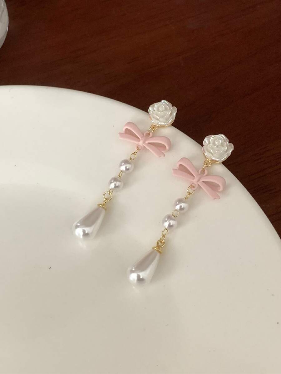 1pair Faux Pearl Tassel Flower Earrings With Unique Design And Style - Multicolor - View 1