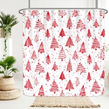 1 件圣诞树图案浴帘，防水防霉浴帘，圣诞主题浴室装饰，现代奢华浴帘，180 X 180 厘米，含 12 个挂钩 - 紅白色 - 查看 9