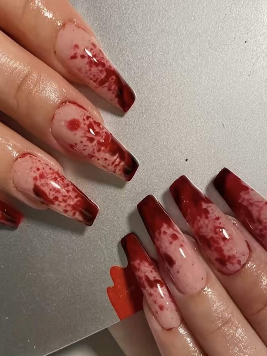 24 chiếc móng tay giả hình quan tài dài với thiết kế vết máu cho chủ đề Halloween, cộng với 1 chiếc dũa móng tay và 1 chiếc băng dính hai mặt trên móng tay Đồ dùng làm móng - Nhiều màu - Xem 1