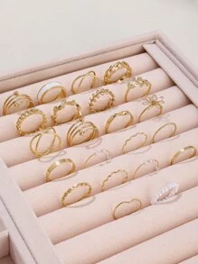 22 件时尚花朵、叶子、人造珍珠和几何设计女士珠宝戒指套装情人节、妈妈、母亲、母亲节、礼物 - 金黃色 - 查看 2