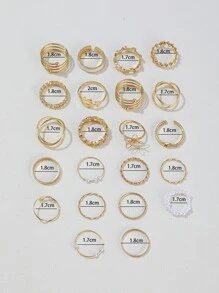 22 件时尚花朵、叶子、人造珍珠和几何设计女士珠宝戒指套装情人节、妈妈、母亲、母亲节、礼物 - 金黃色 - 查看 5