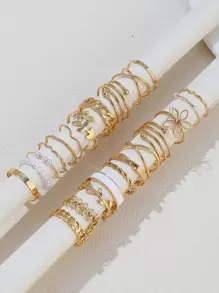 22 件时尚花朵、叶子、人造珍珠和几何设计女士珠宝戒指套装情人节、妈妈、母亲、母亲节、礼物 - 金黃色 - 查看 3