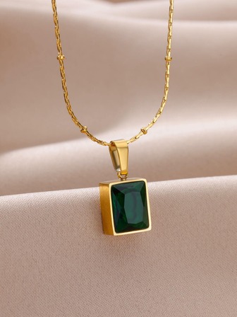 1入組歐美極簡風格設計金色不銹鋼方形氧化鋯吊墜項鍊,時尚配件適用於女性日常穿著