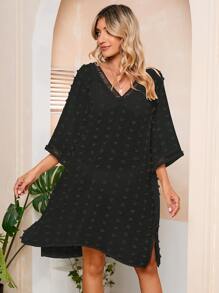 Women Swimsuit Cover Ups Sheer Bathing Suit Cover Ups Dress V Neck Chiffon Pom Pom Beach Cover Up Black - Black - View 1