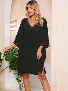 Women Swimsuit Cover Ups Sheer Bathing Suit Cover Ups Dress V Neck Chiffon Pom Pom Beach Cover Up Black - Black - View 3