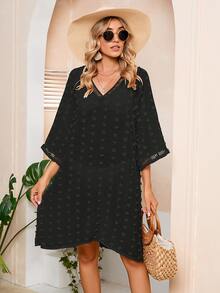 Women Swimsuit Cover Ups Sheer Bathing Suit Cover Ups Dress V Neck Chiffon Pom Pom Beach Cover Up Black - Black - View 4