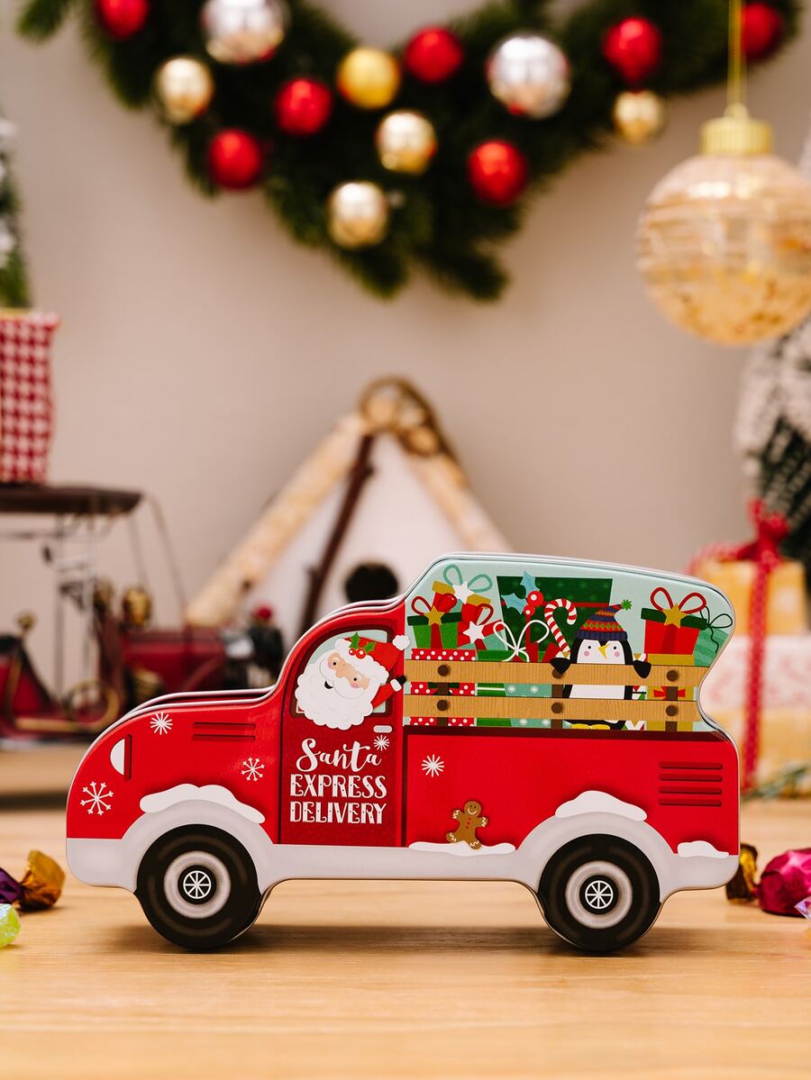 聖誕節主題馬口鐵汽車形狀糖果盒帶蓋節日裝飾,1 件