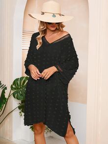 Women Swimsuit Cover Ups Sheer Bathing Suit Cover Ups Dress V Neck Chiffon Pom Pom Beach Cover Up Black - Black - View 6