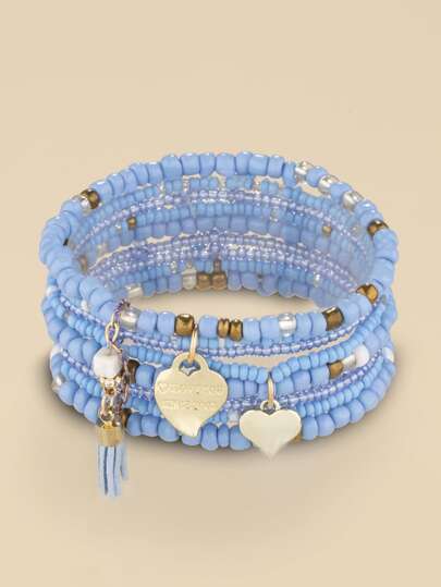 1set Alloy Heart Charm Glass Beaded Bracelet Valentines,Mom,Mother,Mother's Day,Gift
