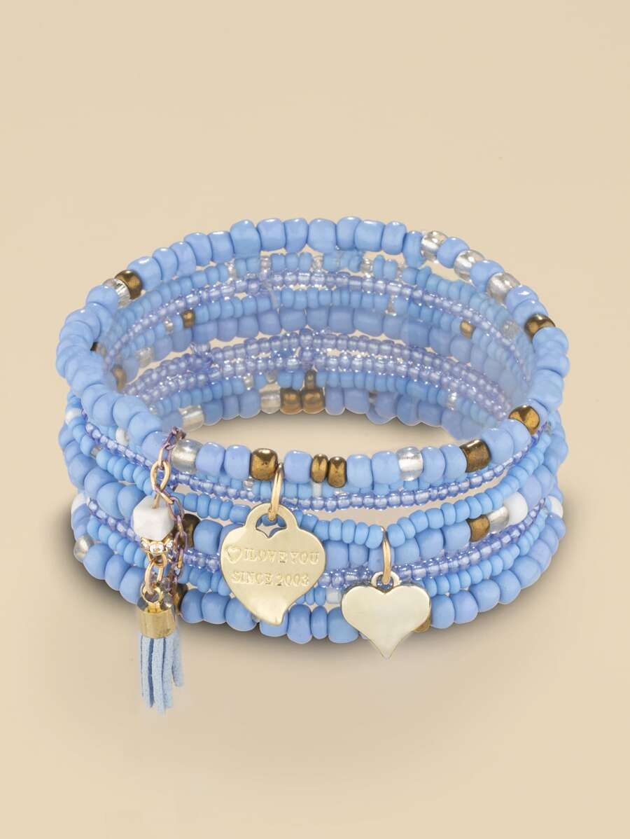 1set Alloy Heart Charm Glass Beaded Bracelet Valentines,Mom,Mother,Mother's Day,Gift - Baby Blue - View 1