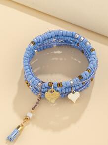 1set Alloy Heart Charm Glass Beaded Bracelet Valentines,Mom,Mother,Mother's Day,Gift - Baby Blue - View 2