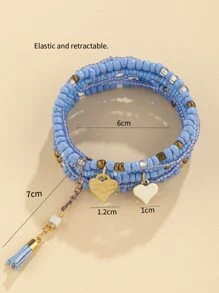 1set Alloy Heart Charm Glass Beaded Bracelet Valentines,Mom,Mother,Mother's Day,Gift - Baby Blue - View 3