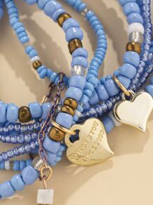1set Alloy Heart Charm Glass Beaded Bracelet Valentines,Mom,Mother,Mother's Day,Gift - Baby Blue - View 4