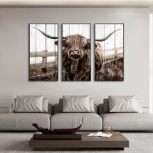 3 bức tranh vải canvas vẽ hình con bò vùng cao nguyên lông cỏ đồng cỏ và tranh in nghệ thuật treo tường trang trí phòng khách phòng ngủ, không có khung - Nhiều màu - Xem 1