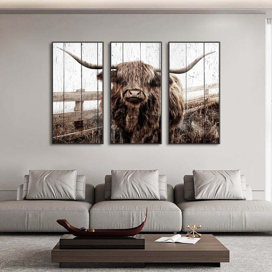 3 bức tranh vải canvas vẽ hình con bò vùng cao nguyên lông cỏ đồng cỏ và tranh in nghệ thuật treo tường trang trí phòng khách phòng ngủ, không có khung - Nhiều màu - Xem 1