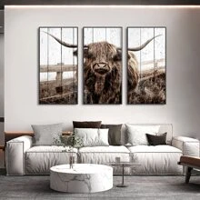 3 bức tranh vải canvas vẽ hình con bò vùng cao nguyên lông cỏ đồng cỏ và tranh in nghệ thuật treo tường trang trí phòng khách phòng ngủ, không có khung - Nhiều màu - Xem 2