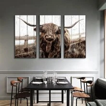 3 bức tranh vải canvas vẽ hình con bò vùng cao nguyên lông cỏ đồng cỏ và tranh in nghệ thuật treo tường trang trí phòng khách phòng ngủ, không có khung - Nhiều màu - Xem 4