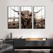 3 bức tranh vải canvas vẽ hình con bò vùng cao nguyên lông cỏ đồng cỏ và tranh in nghệ thuật treo tường trang trí phòng khách phòng ngủ, không có khung - Nhiều màu - Xem 5