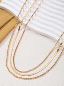 3入組女式時尚 14k 鍍金多層防水防銹人字形蛇鏈項鍊套裝簡約優雅分層設計，送給女士理想禮物 - 金黃色 - 查看 5